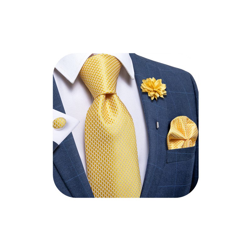 DiBanGu Silk Ties for Men Necktie and Lapel Pin Brooch Set Formal Woven Paisley Plaid Striped Solid Tie Wedding Party, Mustard Yellow - Image 1